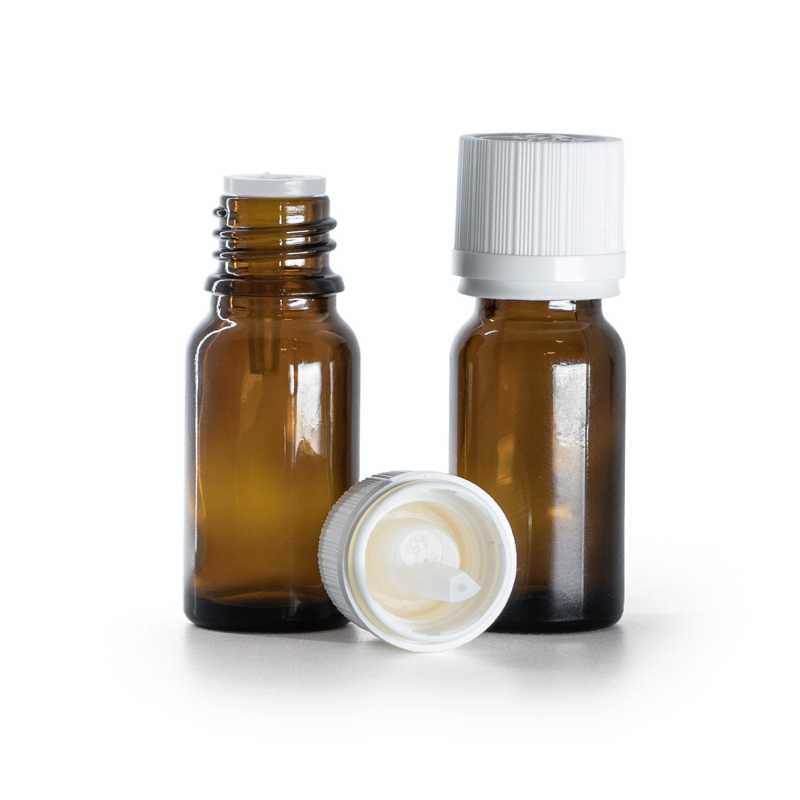 Braunglasflasche, weiße Sicherheitsverschlusskappe und Tropfer, 10 ml