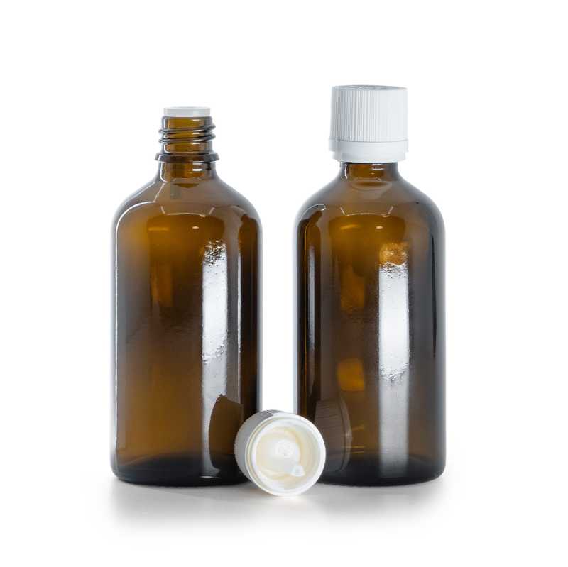 Braunglasflasche, weiße Sicherheitsverschlusskappe und Tropfer, 100 ml
