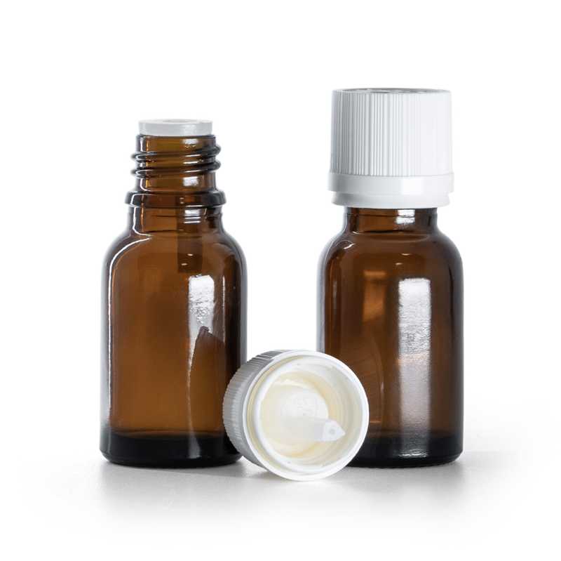 Braunglasflasche, weiße Sicherheitsverschlusskappe und Tropfer, 15 ml