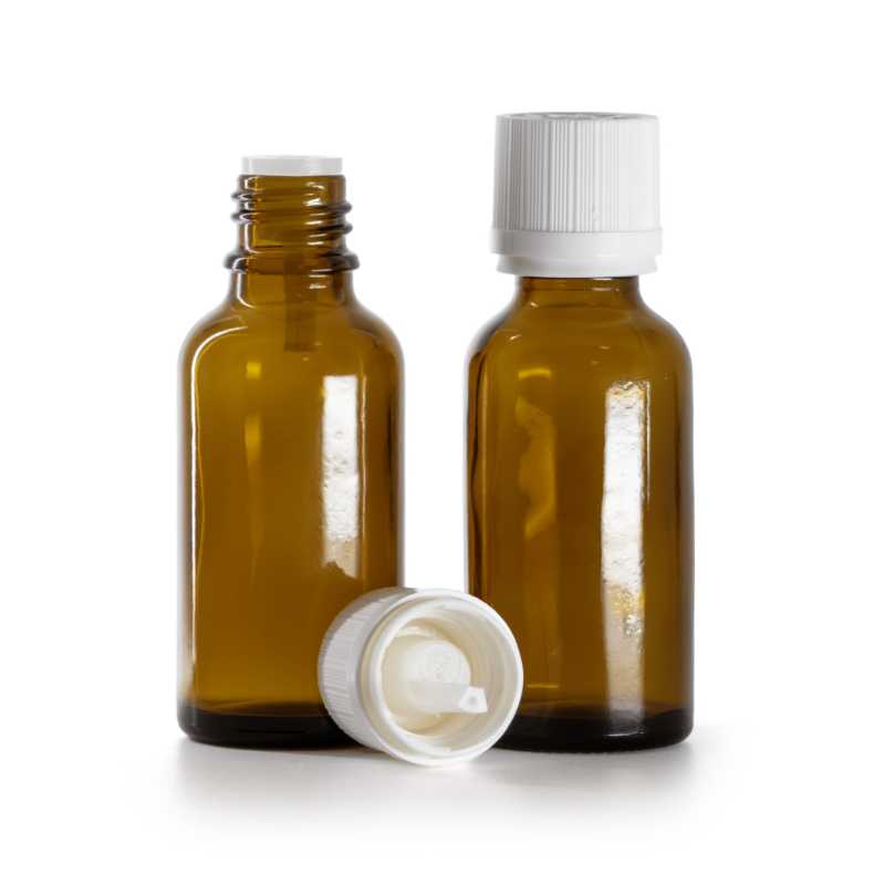 Braunglasflasche, weiße Sicherheitsverschlusskappe und Tropfer, 30 ml