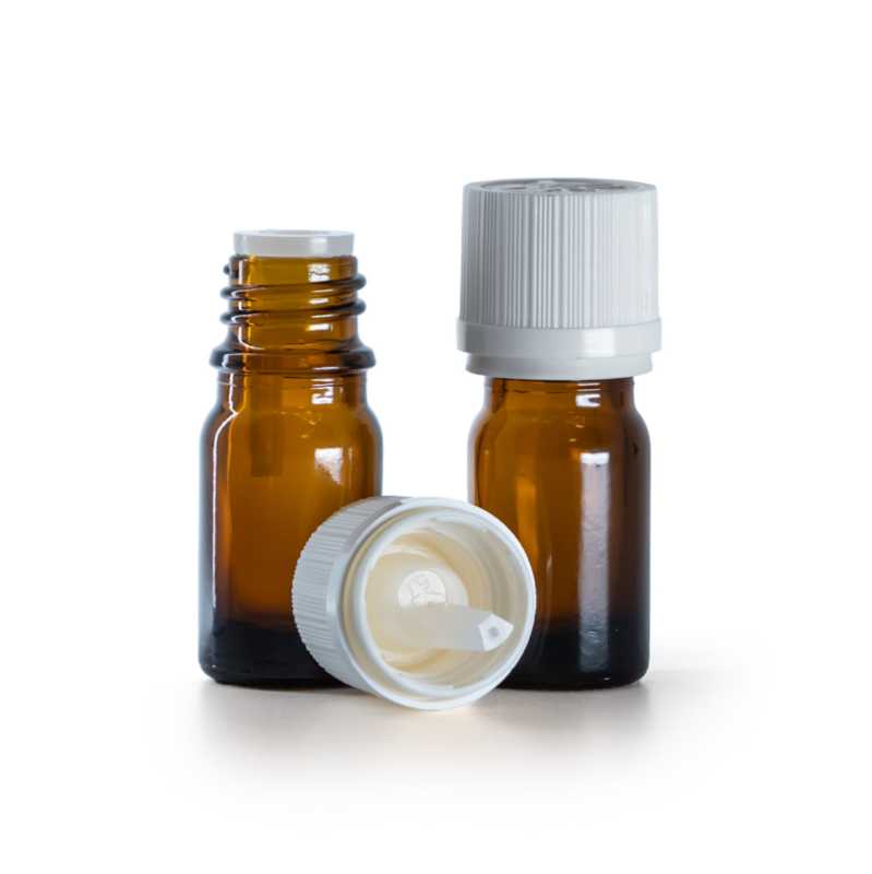 Braunglasflasche, weiße Sicherheitsverschlusskappe und Tropfer, 5 ml