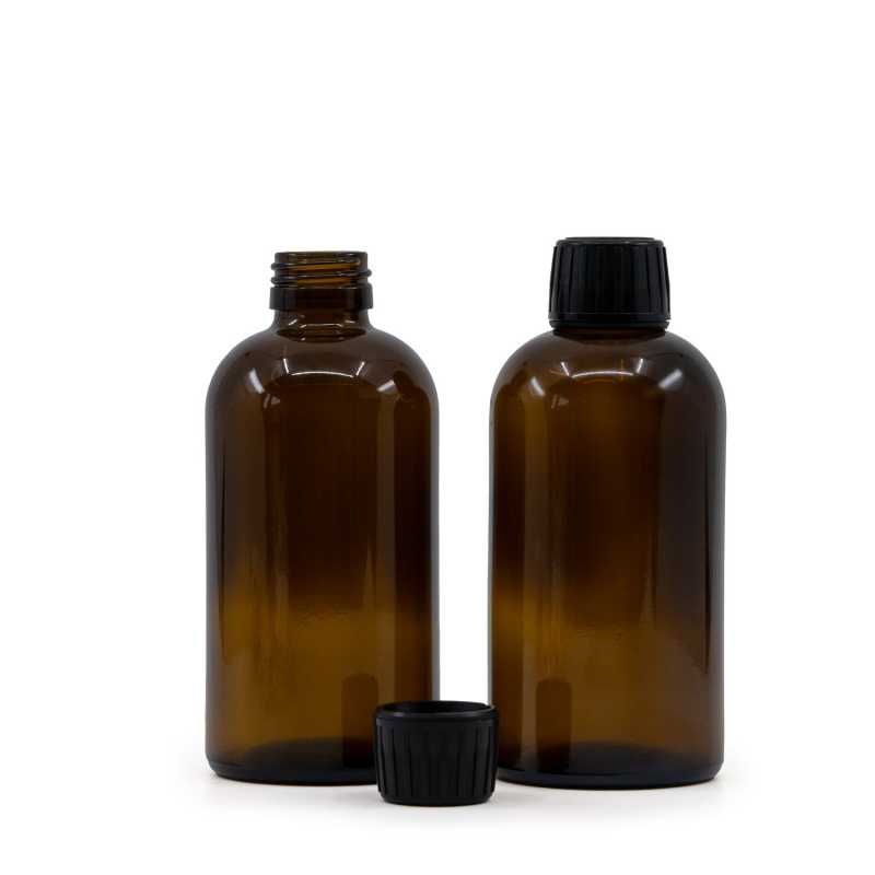 Bernsteinfarbene Boston Round Sirup Glasflasche, schwarzer Verschluss, 250 ml