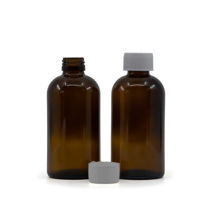 Bernsteinfarbene Boston Round Sirup Glasflasche, 28 mm, weißer Sicherheitsverschluss, 250 ml