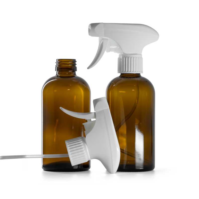 Braune Boston-Glasflasche PP28 mit weißem Trigger-Sprüher 250 ml