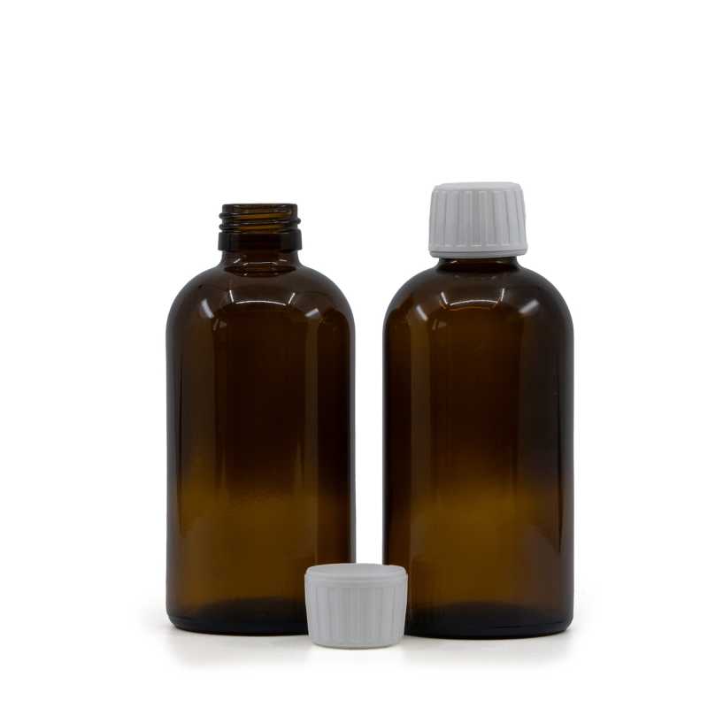 Bernsteinfarbene Boston Round Sirup Glasflasche, 28 mm, weißer Verschluss, 250 ml