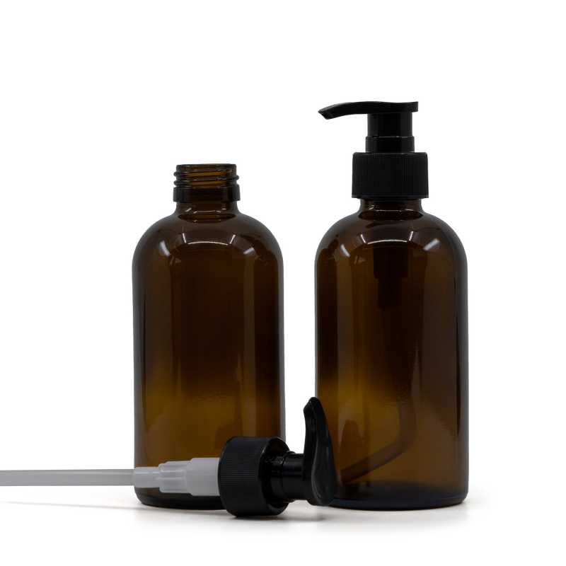 Bernsteinfarbene Boston-Glasflasche, schwarze gerippte Pumpe, 250 ml