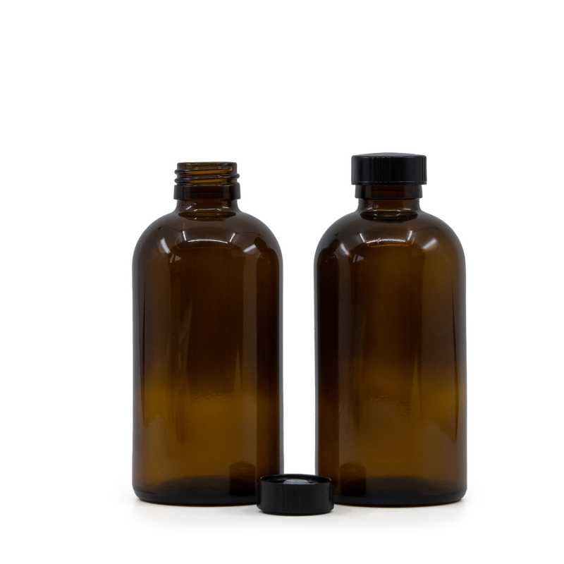 Bernsteinfarbene Boston Round Sirup Glasflasche, schwarzer Bakelitverschluss, 250 ml
