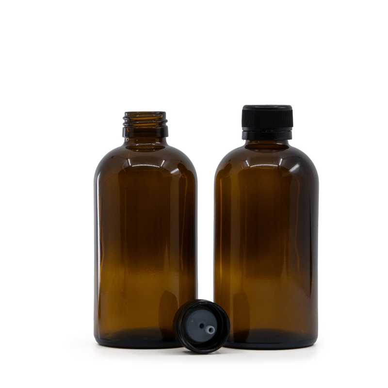 Bernsteinfarbene Boston Round Sirup Glasflasche, schwarzer Verschluss mit Tropfer, 250 ml