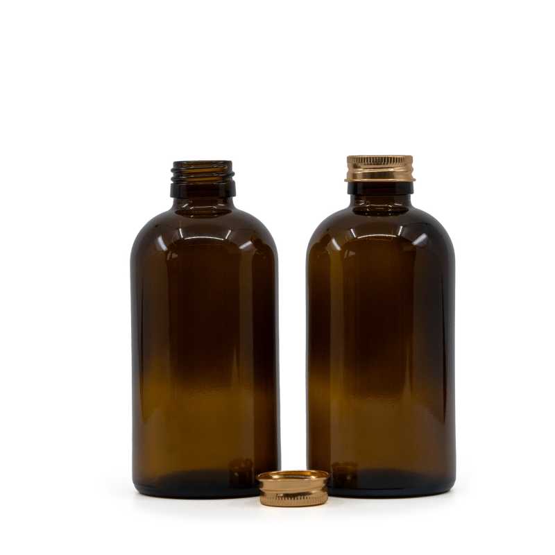 Braune Glasflasche Boston, 250 ml, roségoldener Aluminiumverschluss