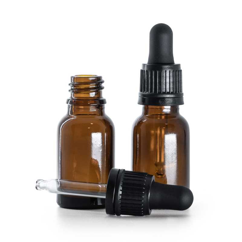 Braunglasflasche, schwarzer, manipulationssicherer Tropfer, 15 ml