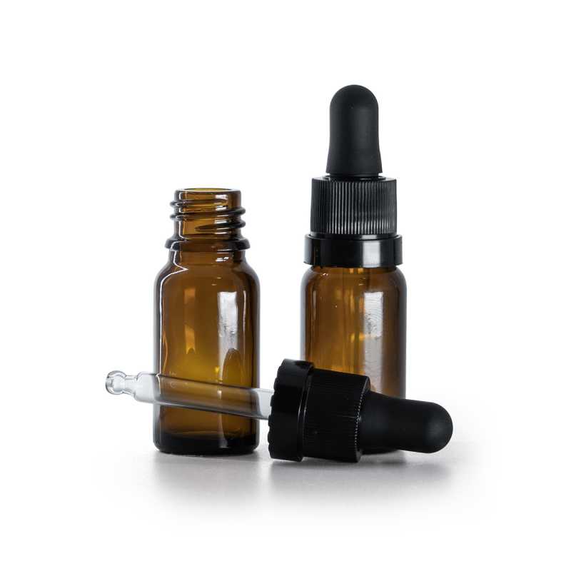 Braunglasflasche, mattschwarzer Tropfer mit glänzendem Streifen, 10 ml