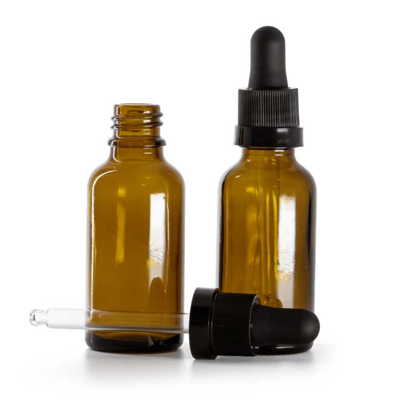 Braunglasflasche, mattschwarzer Tropfer mit glänzendem Streifen, 30 ml