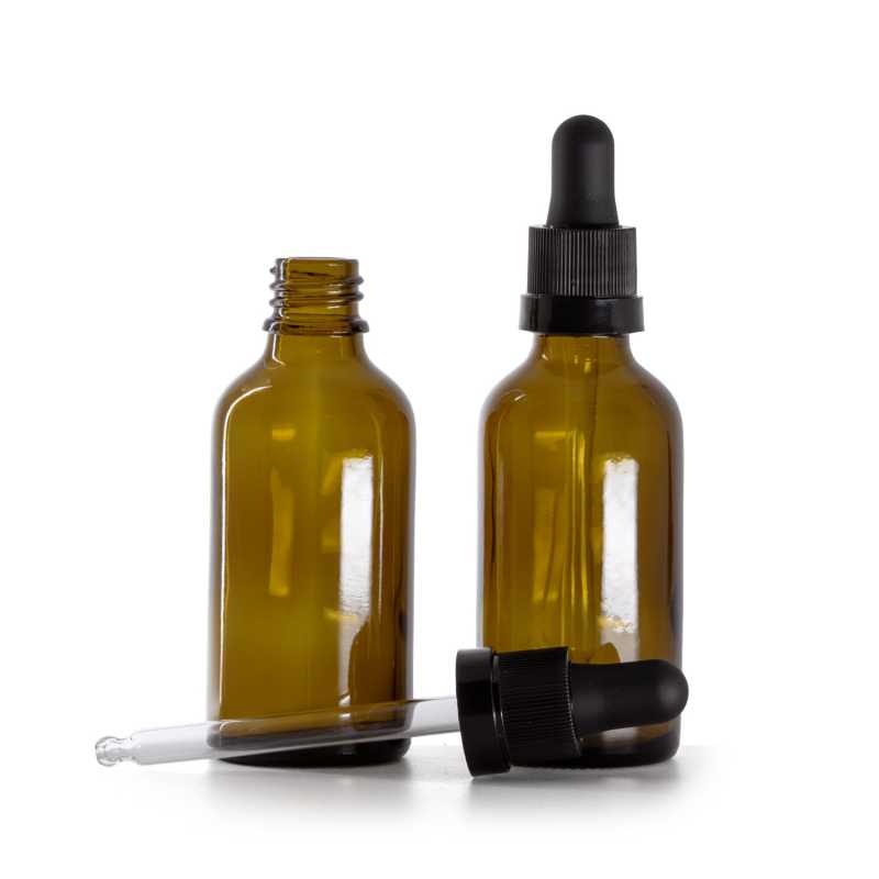 Braunglasflasche, mattschwarzer Tropfer mit glänzendem Streifen, 50 ml