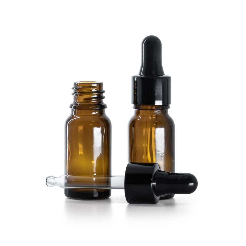 Braunglasflasche, schwarz glänzender Tropfenzähler, 10 ml