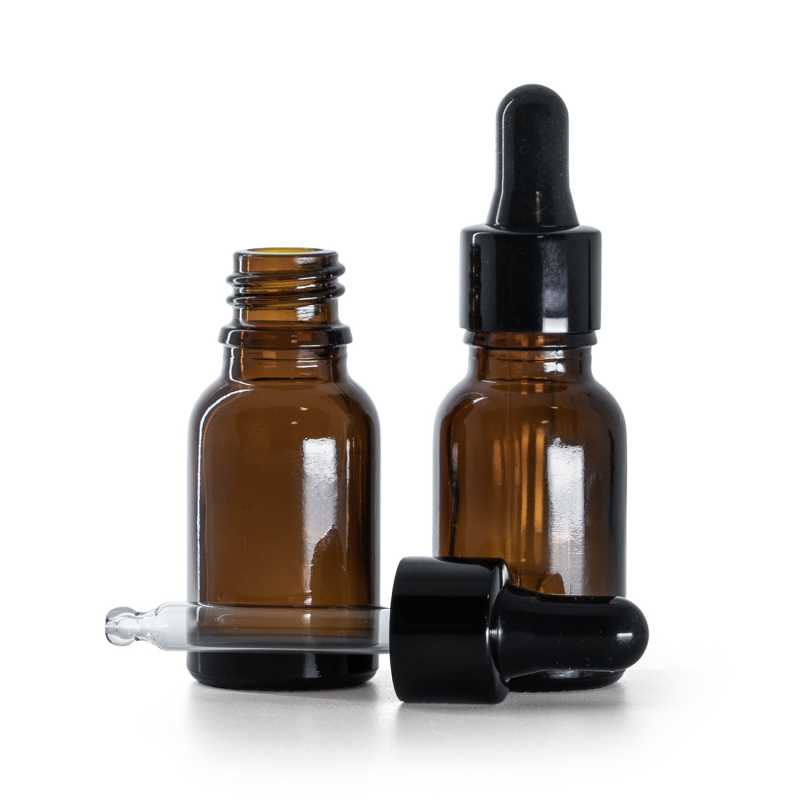 Braunglasflasche, schwarz glänzender Tropfer, 15 ml