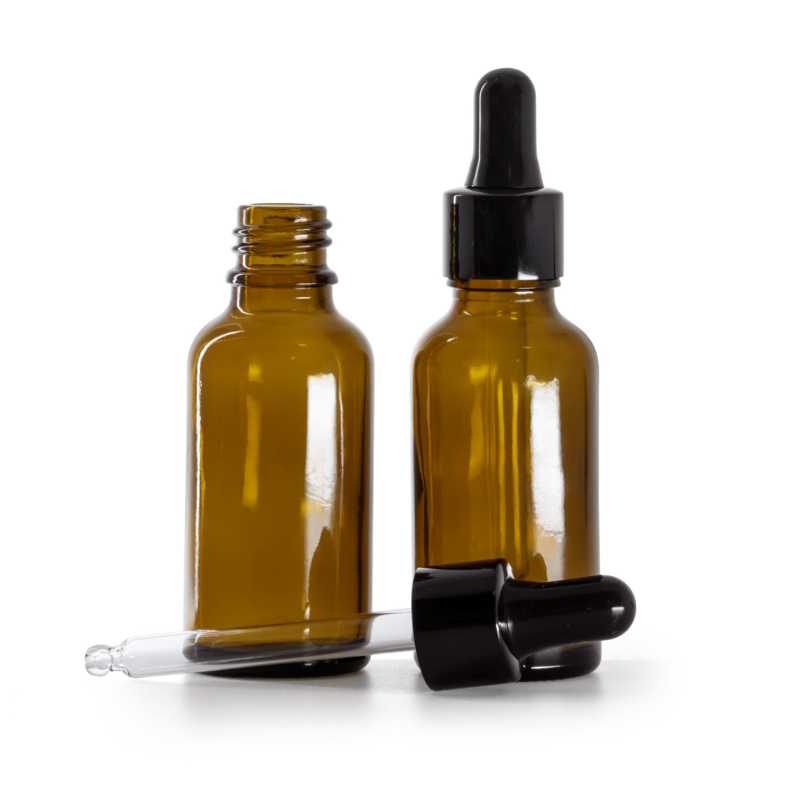 Braunglasflasche, schwarz glänzender Tropfenzähler, 30 ml