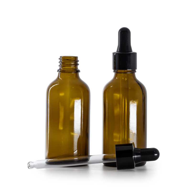 Braunglasflasche, schwarz glänzender Tropfenzähler, 50 ml