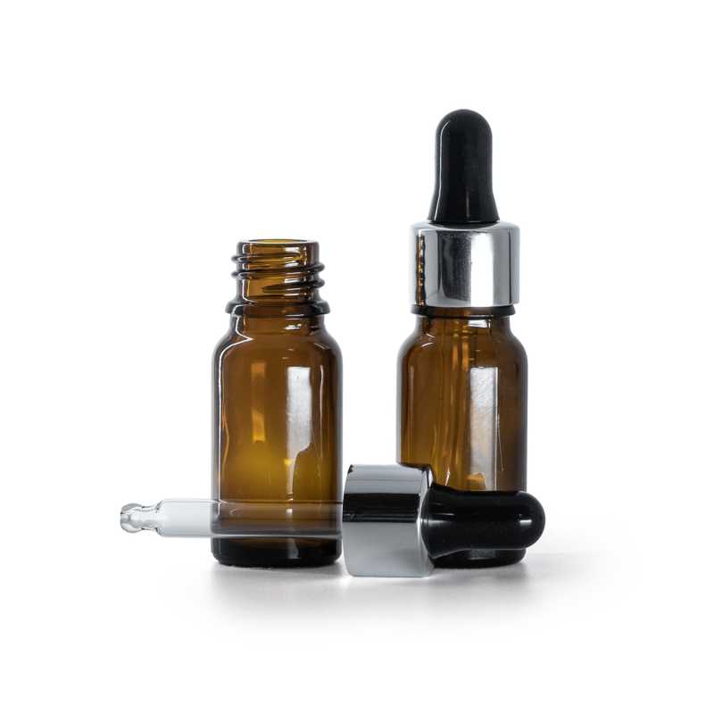 Braunglasflasche, schwarzer Tropfenzähler, glänzend silber, 10 ml