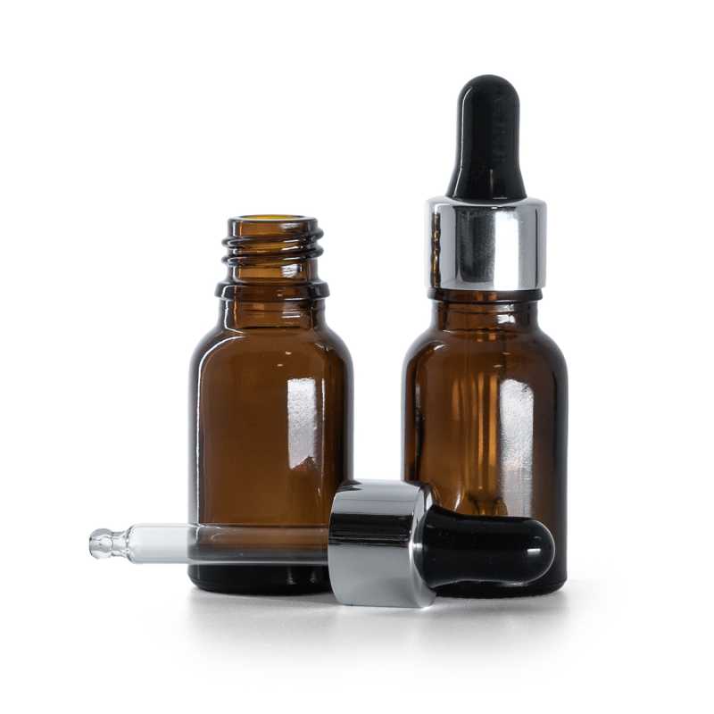 Braunglasflasche, schwarzer Tropfenzähler, glänzend silber, 15 ml