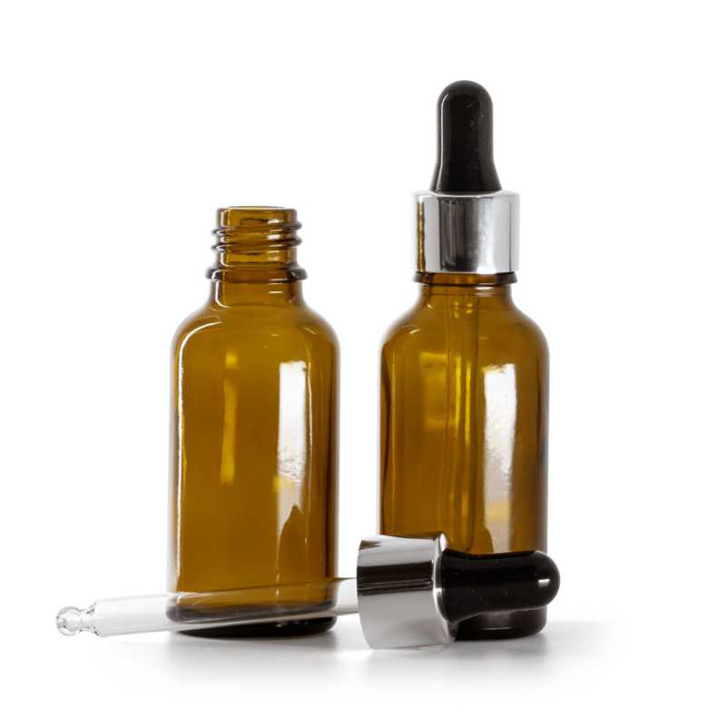 Braunglasflasche, schwarzer Tropfenzähler, glänzend silber, 30 ml