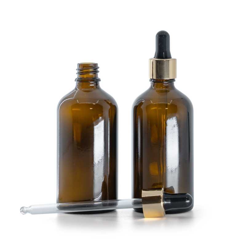 Braunglasflasche, gold-schwarzer Tropfer, 100 ml