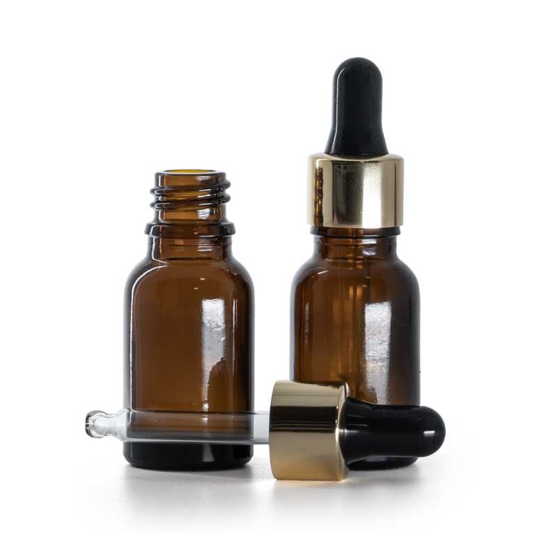 Braunglasflasche, gold-schwarzer Tropfer, 15 ml