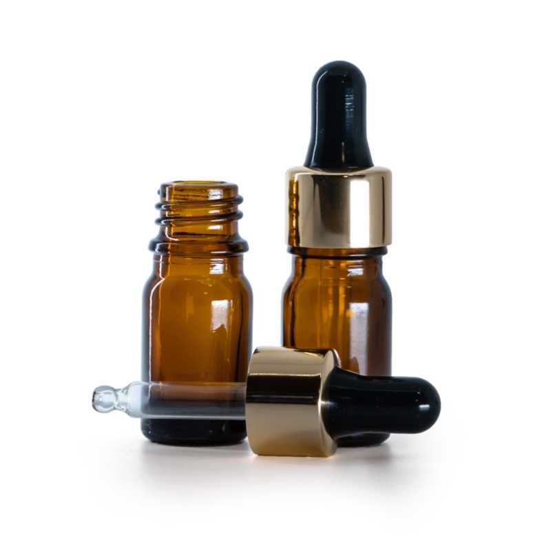 Braunglasflasche, gold-schwarzer Tropfenzähler, 5 ml