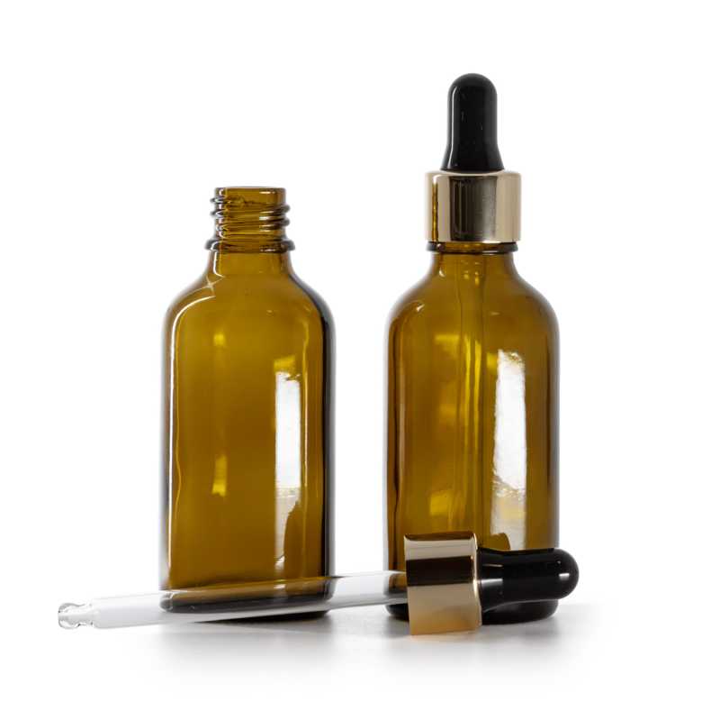 Braunglasflasche, gold-schwarzer Tropfer, 50 ml