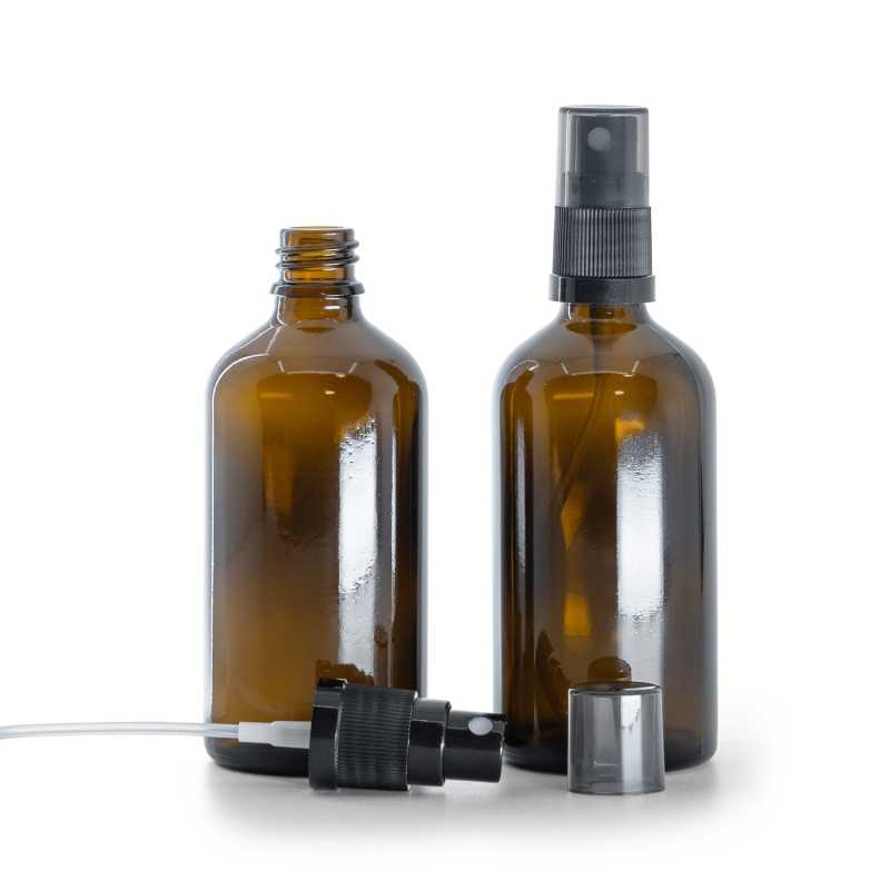 Braunglasflasche, schwarzer Sprüher für feinen Nebel, rauchfarbener Überkappe, 100 ml