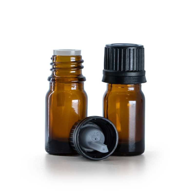 Braunglasflasche, schwarze Kappe und Tropfer, 5 ml