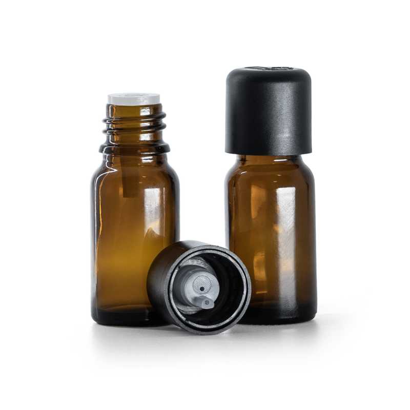 Braunglasflasche, schwarze Sicherheitsverschlusskappe und Tropfer 10 ml