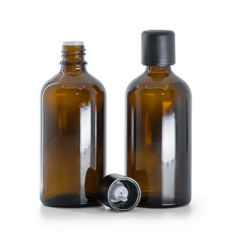 Braunglasflasche, schwarze Sicherheitsverschlusskappe und Tropfer 100 ml