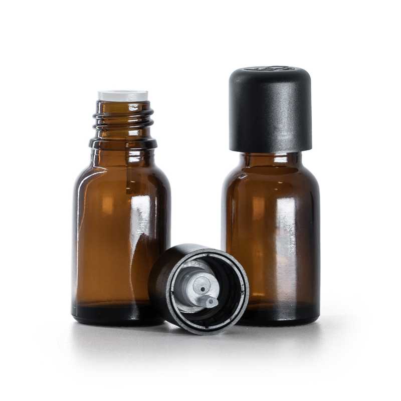 Braunglasflasche, schwarze Sicherheitsverschlusskappe und Tropfer 15 ml