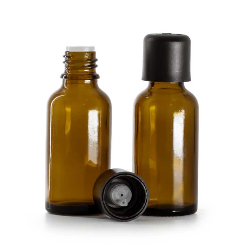 Braunglasflasche, schwarze Sicherheitsverschlusskappe und Tropfer 30 ml