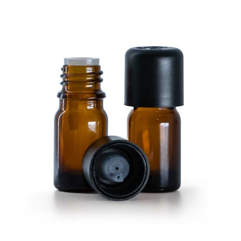 Braunglasflasche, schwarze Sicherheitsverschlusskappe und Tropfer 5 ml