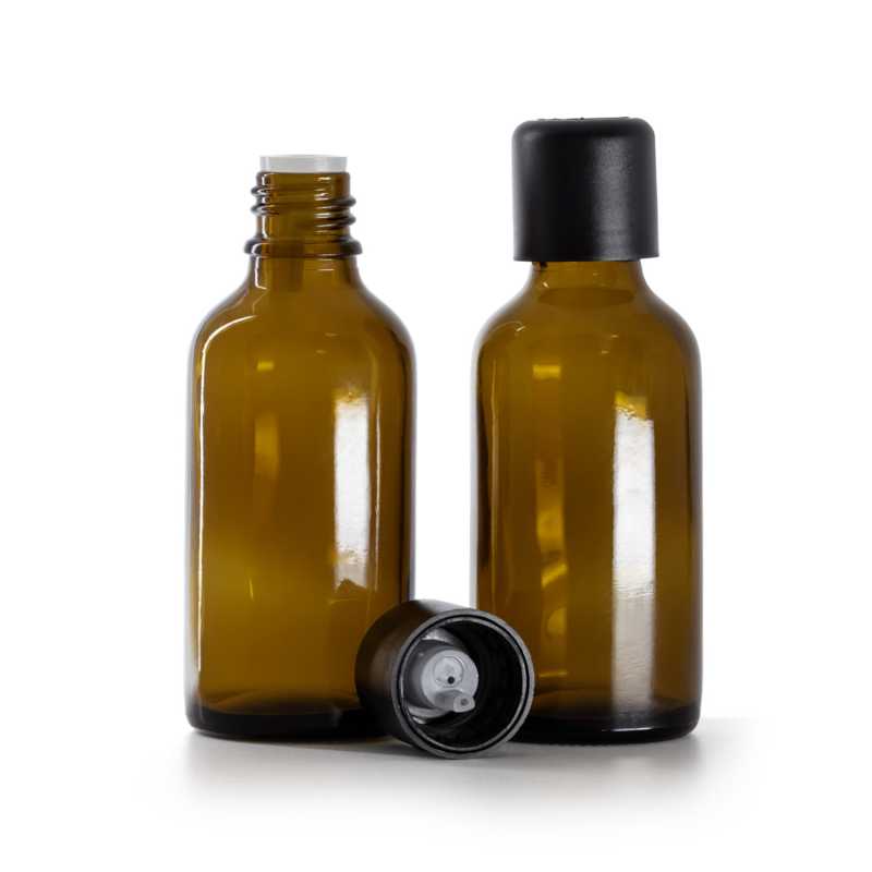 Braunglasflasche, schwarze Sicherheitsverschlusskappe und Tropfer 50 ml