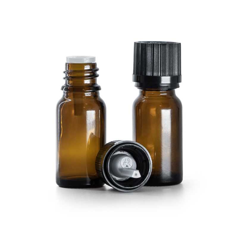 Braunglasflasche, schwarze Sicherheitskappe und Tropfer 10 ml