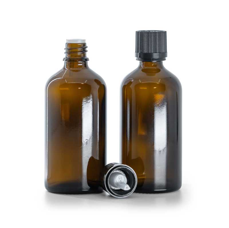 Braunglasflasche, schwarzer Sicherheitsverschluss & Tropfer 100 ml