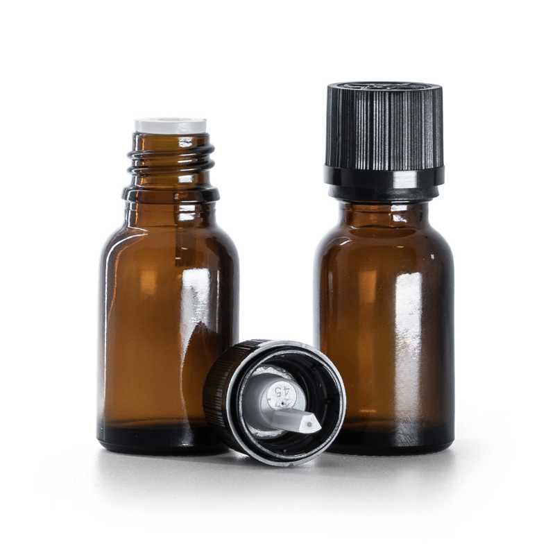 Braunglasflasche, schwarze Sicherheitskappe und Tropfer 15 ml