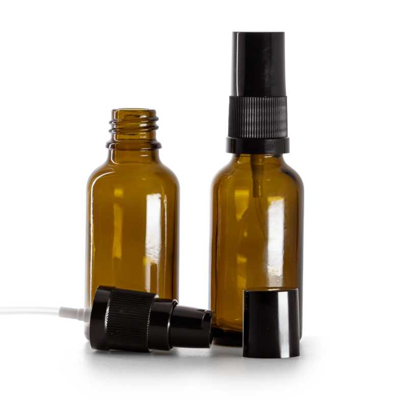 Braunglasflasche, schwarze Lotion-Pumpe mit schwarzem Überkappe, 30 ml