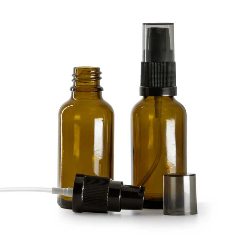 Braunes Glasfläschchen, Lotionpumpe mit rauchfarbener Überkappe, 30 ml