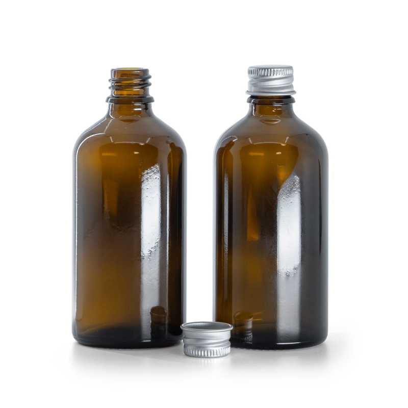 Braunglasflasche, silberner Aluminiumverschluss, 100 ml