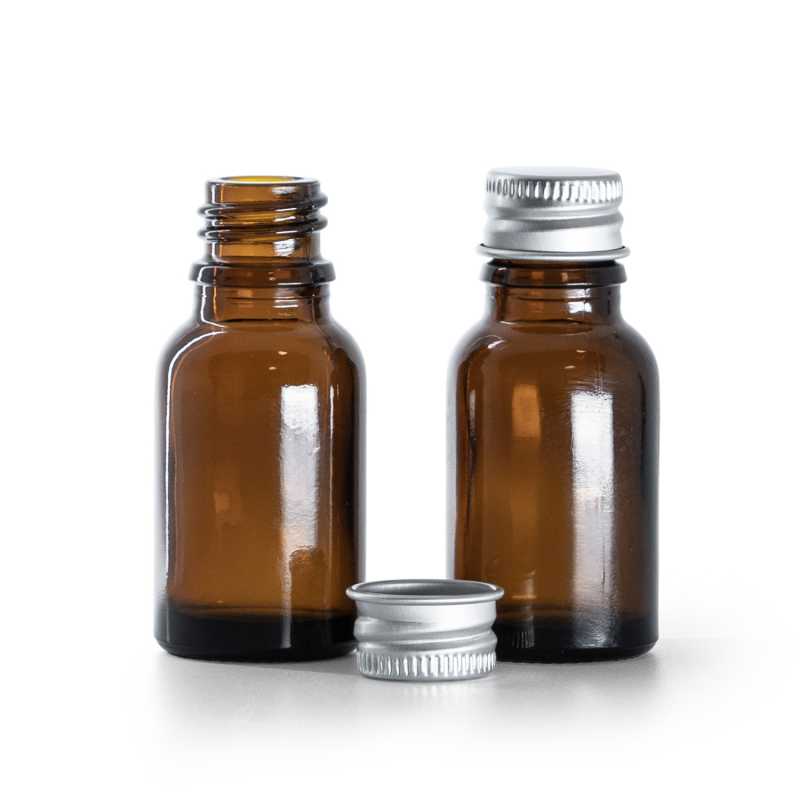 Braunglasflasche, silberne Aluminiumkappe, 15 ml