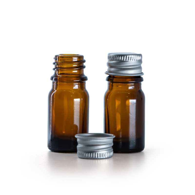 Braunglasflasche, silberne Aluminiumkappe, 5 ml