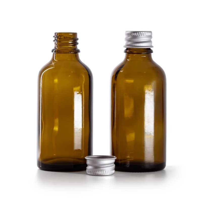 Braunglasflasche, silberner Aluminiumverschluss, 50 ml