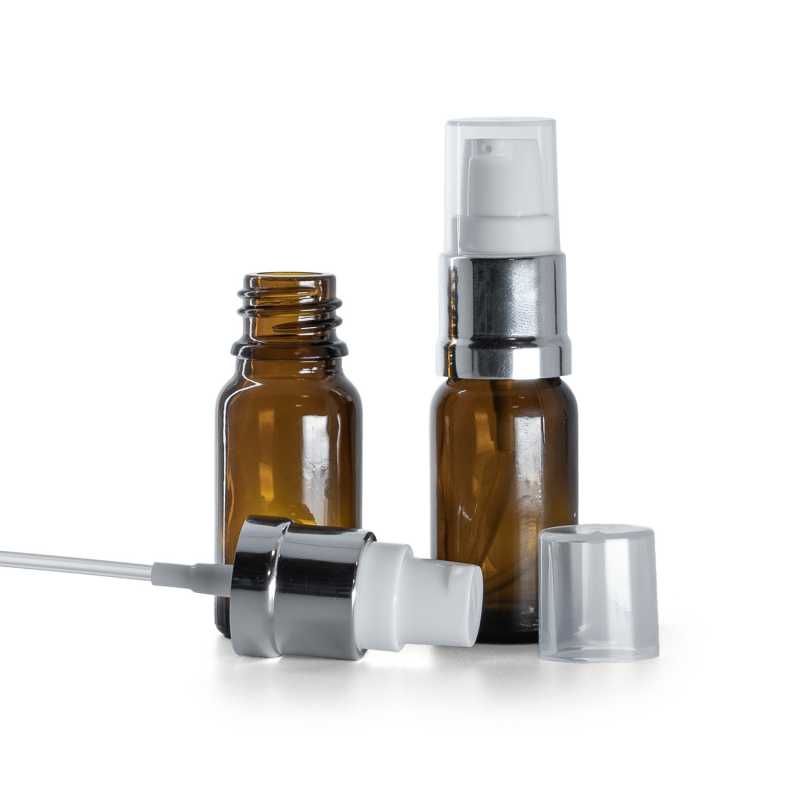 Ambre Glasflasche, Silber glänzend Weiß Pumpe, 10 ml