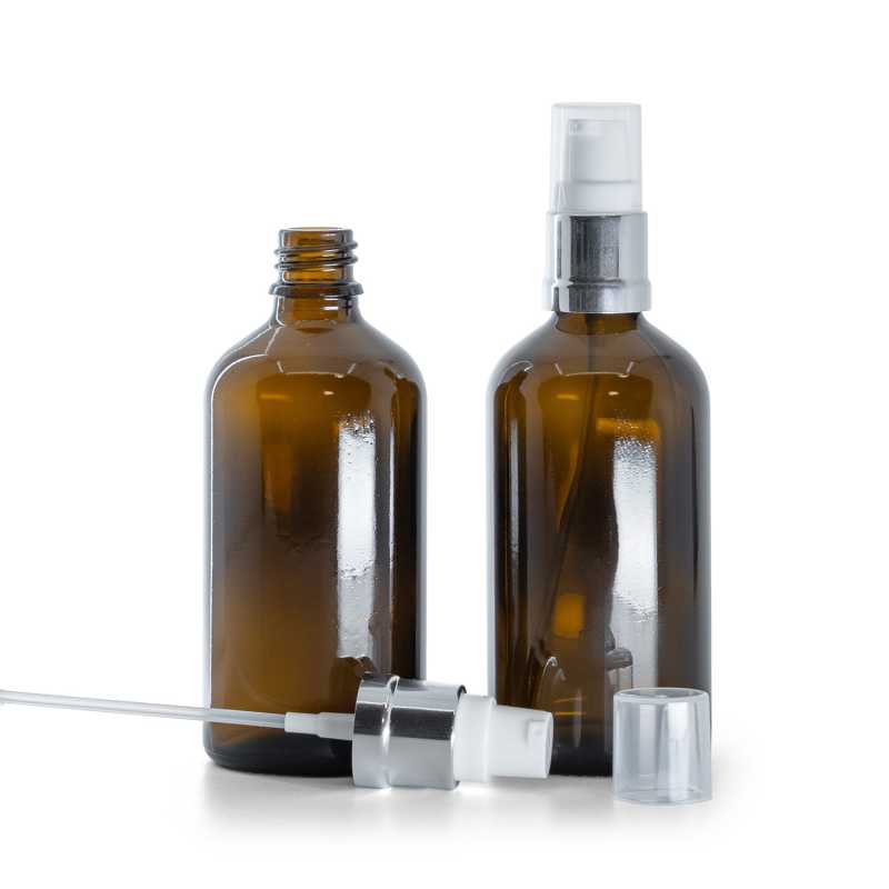 Ambre Glasflasche, Silber glänzend Weiß Pumpe, 100 ml