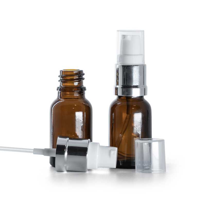 Ambre Glasflasche, glänzende silberweiße Pumpe, 15 ml