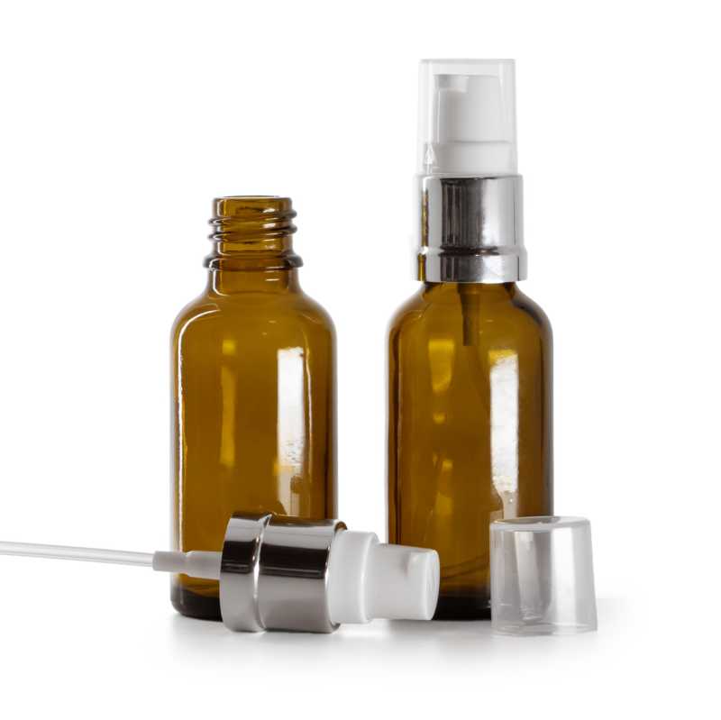Ambre Glasflasche, Silber glänzend Weiß Pumpe, 30 ml