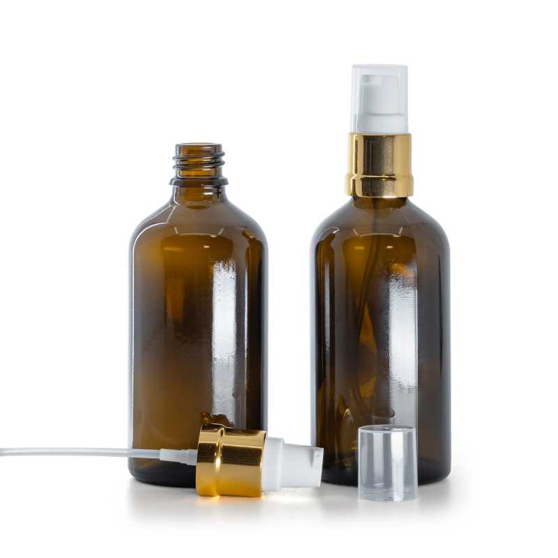 Ambre Glasflasche, glänzend Gold Weiß Pumpe, 100 ml